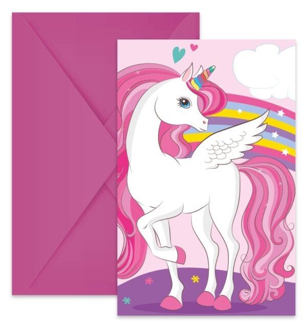6 Invitations & Envelopes FSC - Unicorn Rainbow Colors
