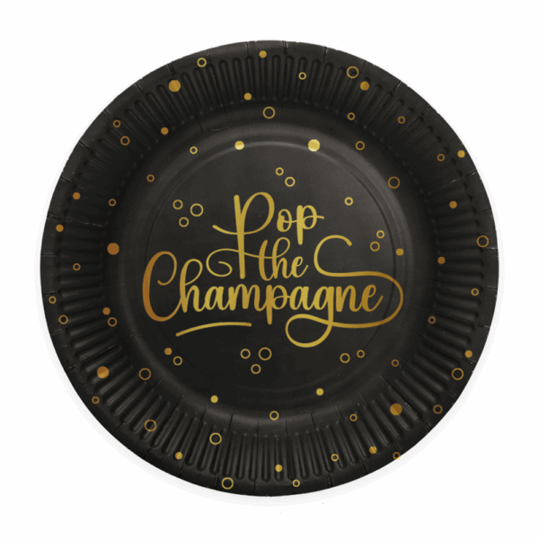 8 Paper plates - 23 cm - Pop the Champagne - black