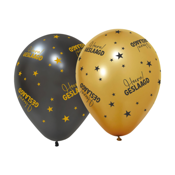 6 Balloons 12''  3 met.gold /3 black - Hoera Geslaagd Golden Celebrations