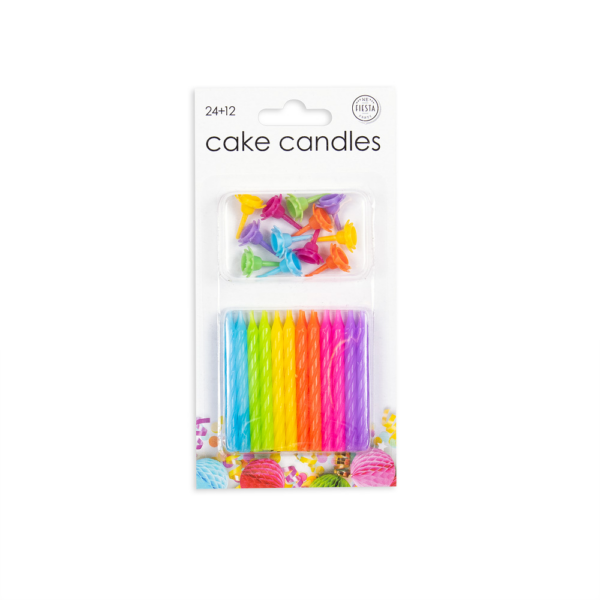 24 Cake candles + 12 holders multicolour