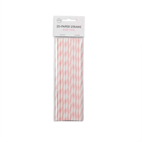 20  Paper straws 6mm x 197mm striped baby pink