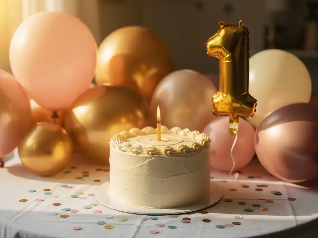 Colorful first birthday cake with a single lit candle, surrounded by pastel balloons, confetti, and a gold "1" foil balloon in warm golden-hour light.