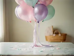 Een ballonnenboeket voor een babyshower in pastelroze, lavendelblauw en mintgroen, vastgebonden met satijnen linten, boven een witte marmeren tafel met bloemenconfetti.
