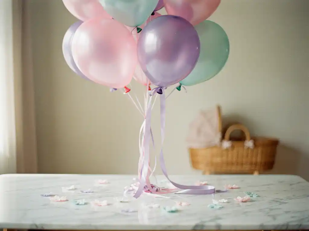 Pastel pink, lavender, and mint baby shower balloon bouquet tied with satin ribbons above a white marble table with floral confetti.