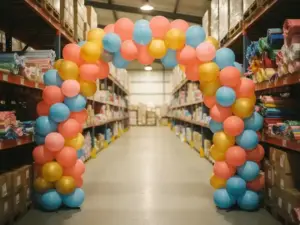 Colorful balloon arch in coral, blue, and yellow framing a wholesale party supply warehouse aisle with streamers and decorations on industrial shelves.