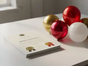 Certification documents and quality seal badges beside red, gold, and white latex and foil balloons on a white warehouse desk.