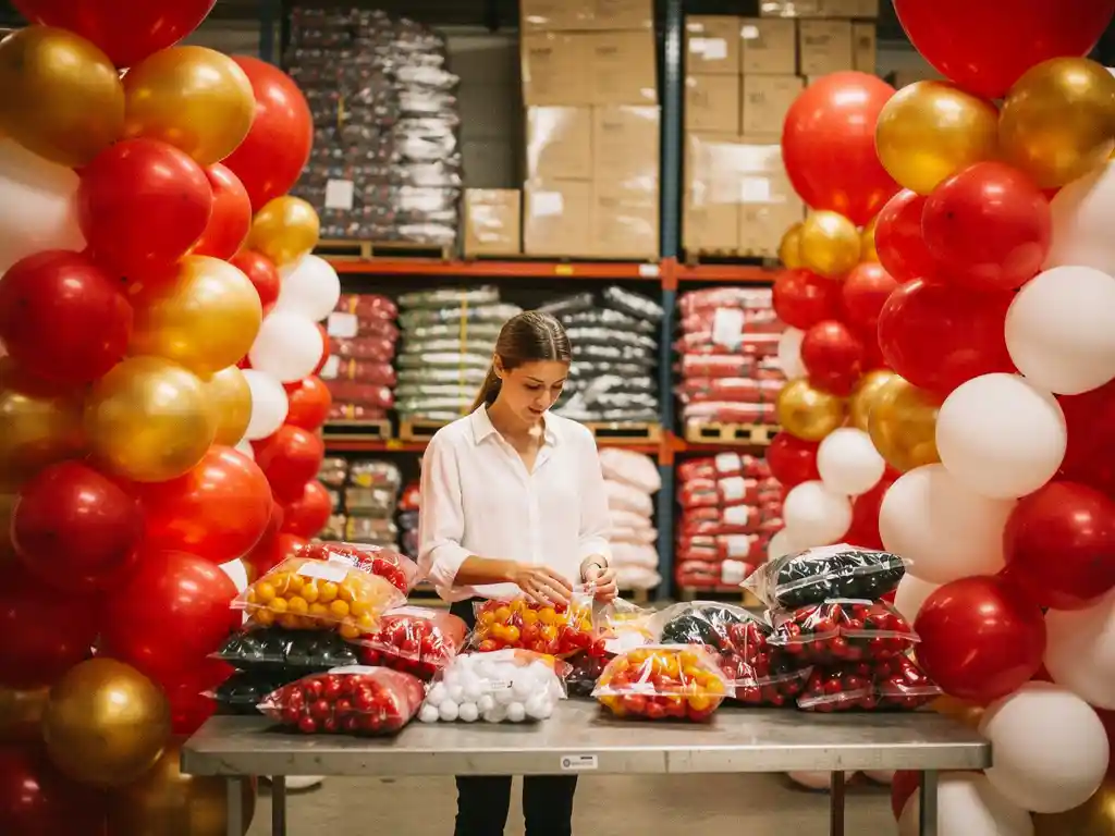 Ein Event-Dekorateur sortiert an einem Tisch in einem Lagerhaus eine große Menge Latexballons in den Farben Rot, Gold und Weiß, während hinter ihm Großhandelsverpackungen gestapelt sind.