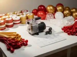 Electric balloon inflator pump on a decorator's workstation with curling ribbon, sizer template, and red, gold, and white latex balloons.
