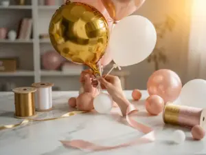 Een ballondecorateur die op een marmeren oppervlak een boeket van gouden, zachtroze en witte folieballonnen vastbindt, met rolletjes lint ernaast.
