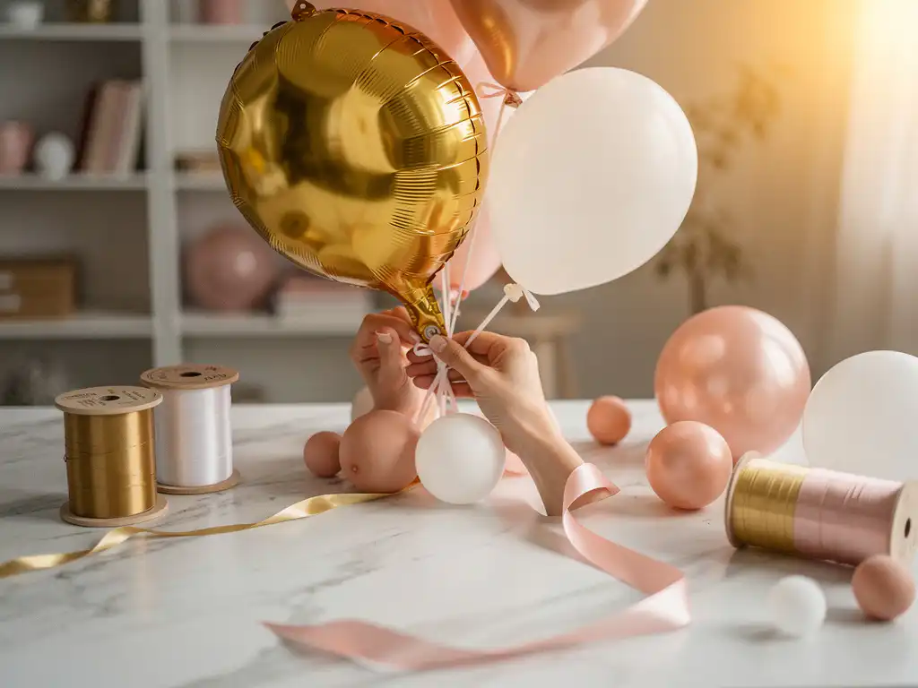 Balloon decorator tying a gold, blush pink, and white foil balloon bouquet on a marble surface with ribbon spools nearby.