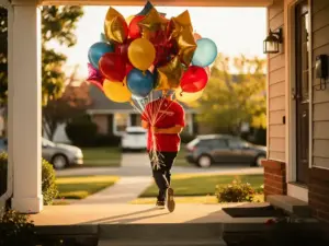 Een bezorger die felrode, gele en blauwe latex- en Folieballonnen de voordeur van een huis in een buitenwijk brengt, in het warme licht van het gouden uur.