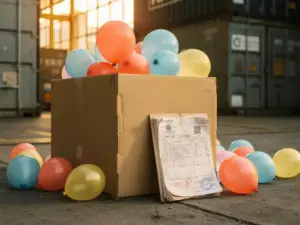 Una caja de cartón de transporte repleta de globos de látex de colores en el muelle de carga de un almacén, junto a los trámites aduaneros en un puerto europeo.