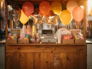Wooden market stall filled with colorful latex and foil balloons, party supplies, and a cash register bathed in warm golden-hour light.
