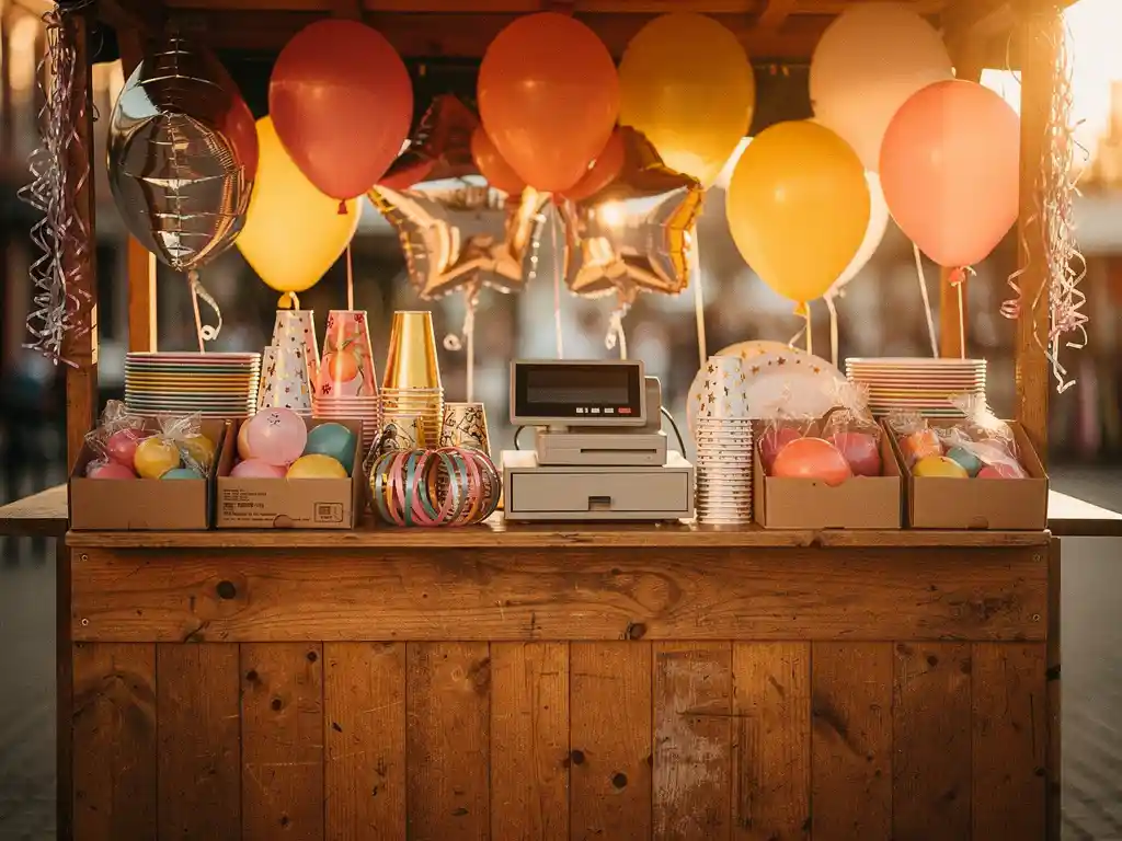 Un étal de marché en bois regorgeant de Ballons alu colorés en latex et Ballons alu, d'articles de fête et d'une caisse enregistreuse, le tout baigné dans la lumière chaude de l'heure dorée.