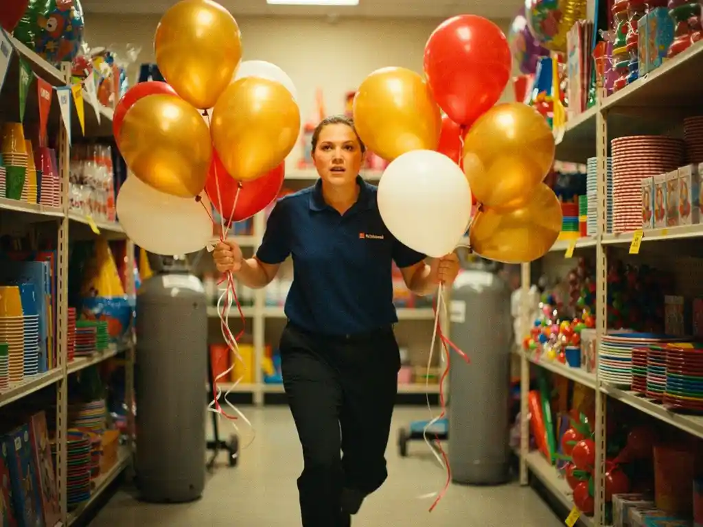 Store employee carrying armfuls of red, gold, and white latex balloons in a bright party supply stockroom with a helium tank nearby.