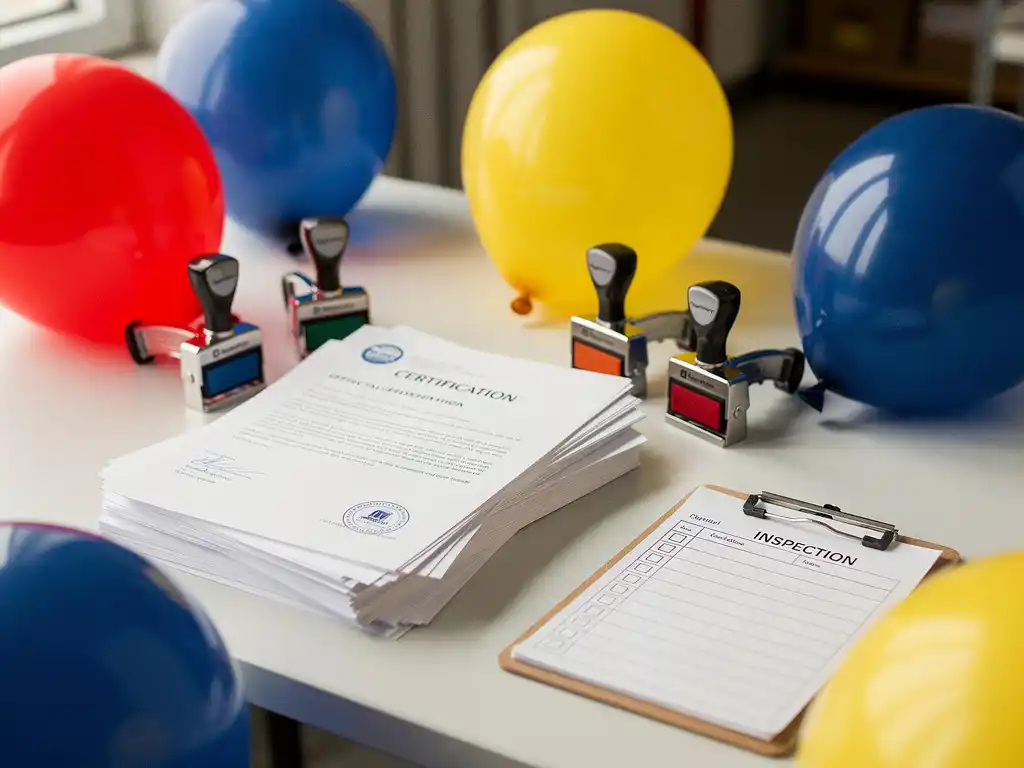 Documentos de certificación y sellos de calidad sobre el escritorio de un almacén, rodeados de globos de látex rojos, amarillos y azules, con una carpeta de inspección cerca.