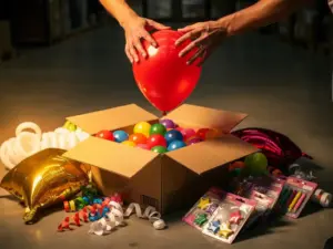 Un inspector de calidad examina un globo de látex sacado de una caja de cartón al por mayor, rodeado de coloridos artículos de fiesta en un almacén.