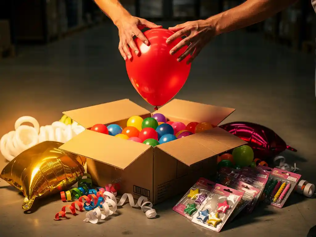 Ein Qualitätsprüfer untersucht einen Latexballon aus einem Großhandelskarton, umgeben von bunten Partyartikeln in einem Lagerhaus.