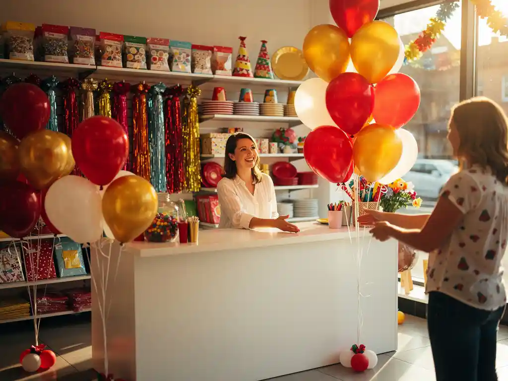 Smiling shop assistant handing red, gold, and white helium balloons to a customer at a bright party supplies store counter.