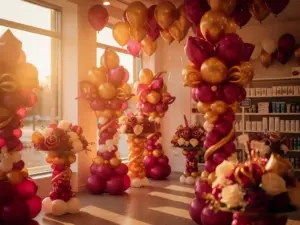 shop levendige shop met heliumarrangementen, sculpturale zuilen en op maat gemaakte boeketten in magenta-, goud- en ivoortinten.