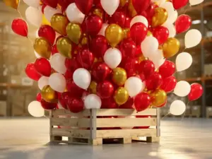 Overflowing crate of red, gold, and white latex balloons cascading upward in a festive burst inside a warmly lit warehouse.