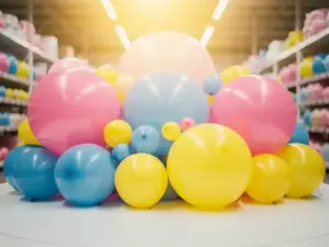 Colorful latex balloons in varied sizes from 5-inch to 36-inch rounds in pink, blue, and yellow tones arranged in a party supply warehouse.