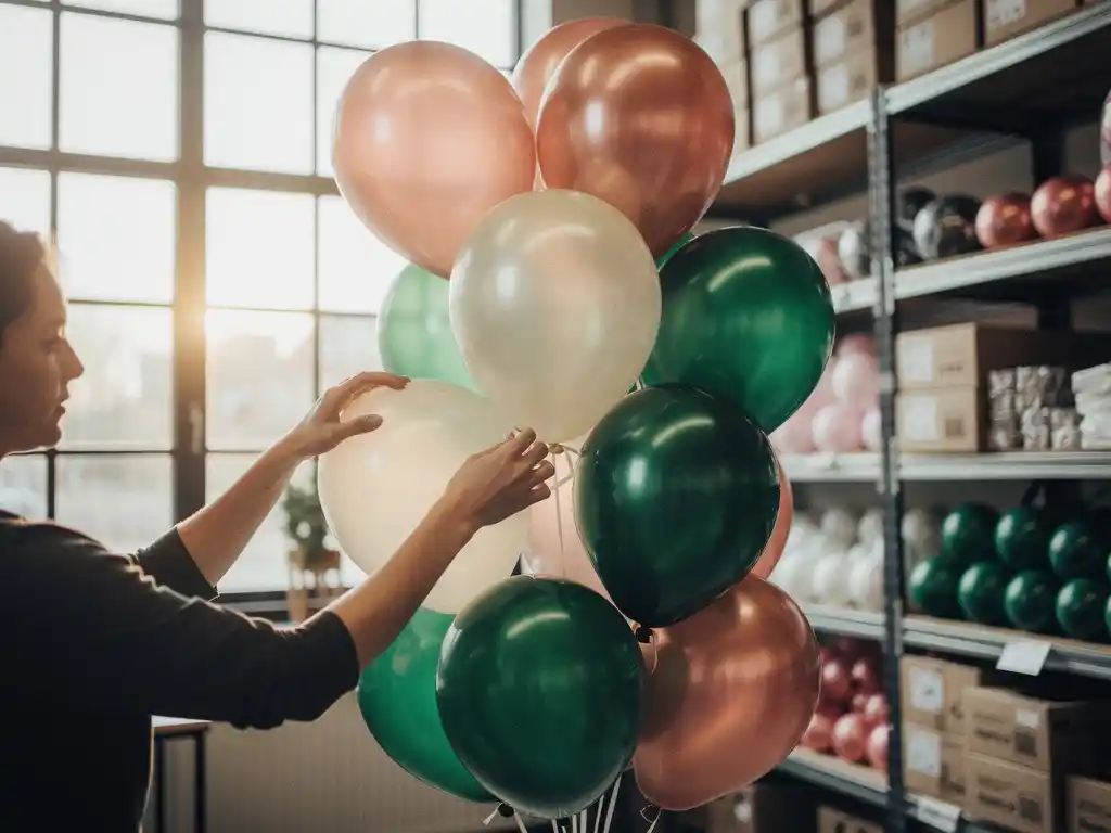 Decorator arranging rose gold, ivory, and emerald latex and foil balloons in an Amsterdam wholesale warehouse with natural light.