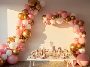 Pastel pink, gold, and white balloon garland and arch framing a festive birthday table with scattered confetti in warm golden-hour light.