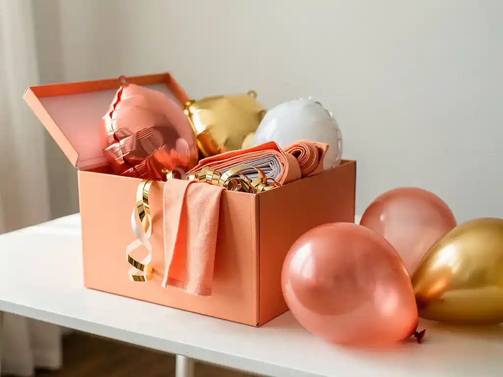 Colorful birthday decorations including foil balloons, fabric bunting, and metallic streamers stored in a pastel box on a white table.