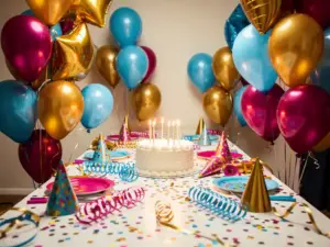 Birthday cake with lit candles surrounded by magenta, gold, and blue balloons, streamers, and confetti on a white table.