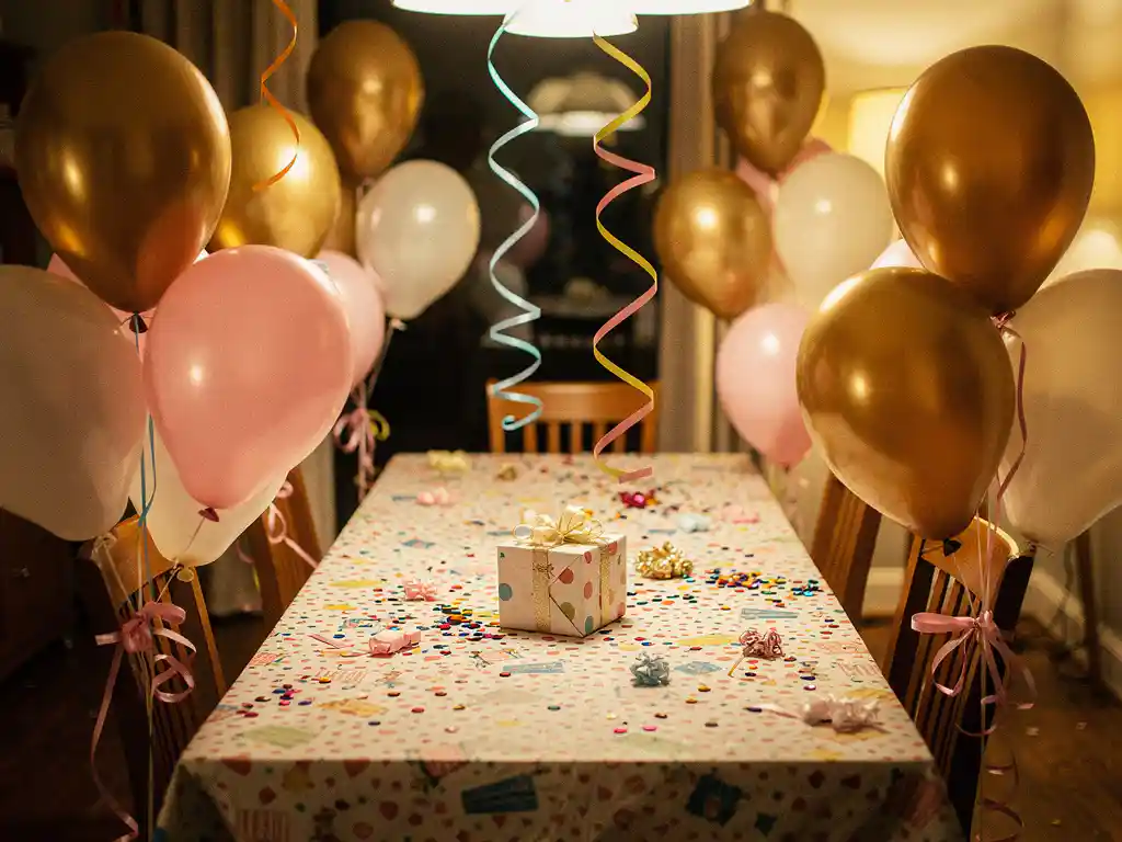 Gouden, roze en witte ballonnen die aan de rugleuningen van stoelen zijn vastgebonden bij een verrassingsverjaardagsfeestje, met een ingepakt cadeau, confetti en serpentines die naar beneden hangen.