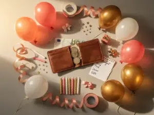 Birthday party supplies including balloons, ribbons, and candles arranged around an open wallet with euro coins and a handwritten budget notepad.