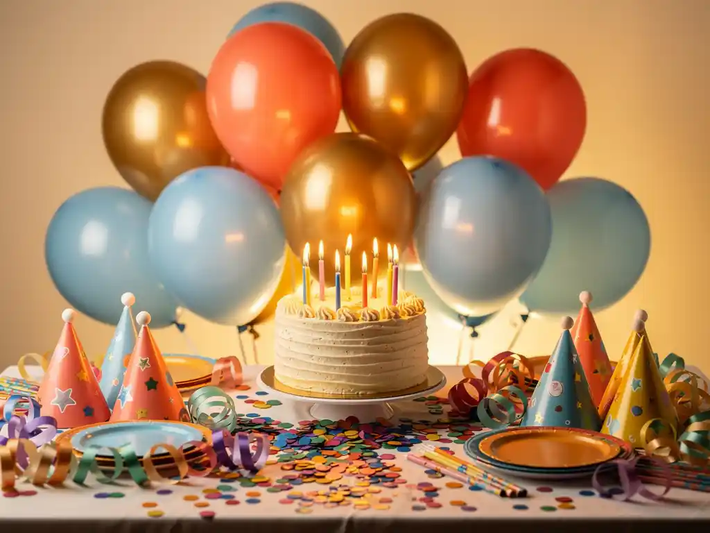 Colorful birthday party table with coral, gold, and blue balloons, tiered cake with lit candles, confetti, and paper party hats.