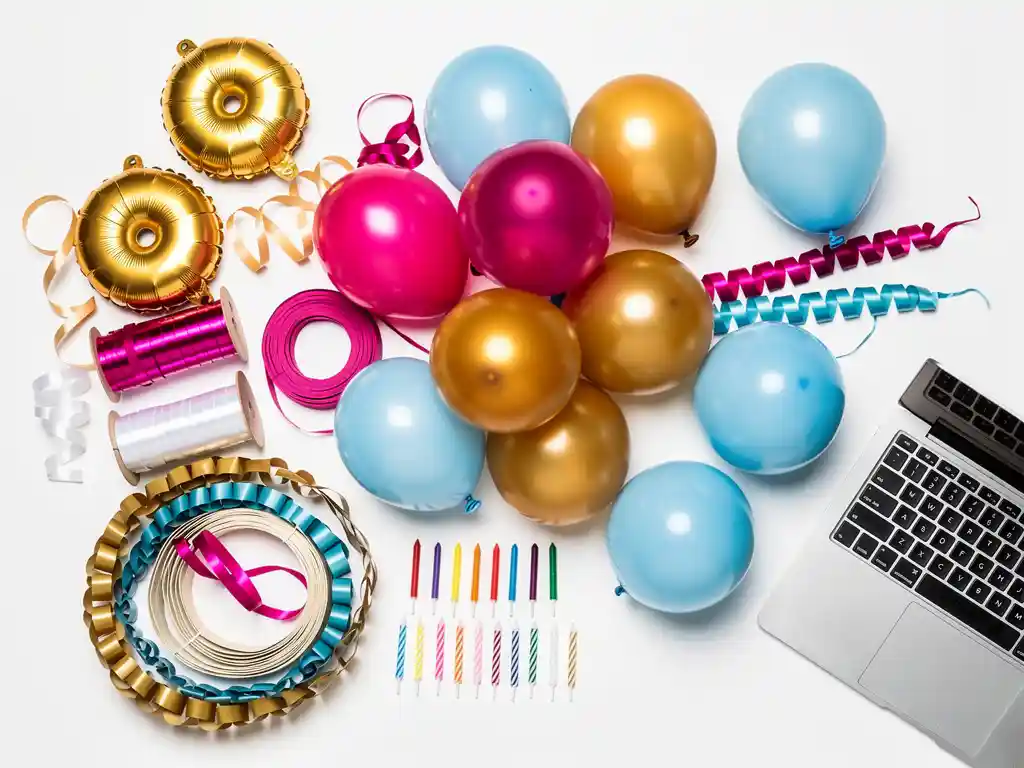 Colorful birthday party supplies including foil balloons, garlands, and cake candles arranged in a flat lay with a laptop nearby.