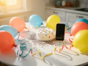 Colorful birthday party supplies including balloons, streamers, confetti, and a small cake on a white table with a delivery app on a smartphone nearby.