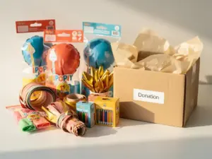 Des articles de fête d'anniversaire non utilisés, notamment des sacs à ballons, Ballons alu, des banderoles et des bougies, posés à côté d'une urne de dons, baignés d'une douce lumière dorée.