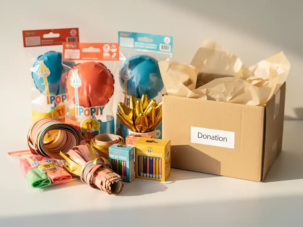 Unused birthday party supplies including balloon bags, foil balloons, streamers, and candles beside a donation box in warm golden light.