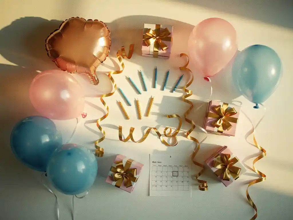 Composition photo de décorations d'anniversaire colorées, avec des ballons, des banderoles, des bougies et des paquets cadeaux, sur une surface blanche, baignée d'une lumière dorée et chaleureuse.