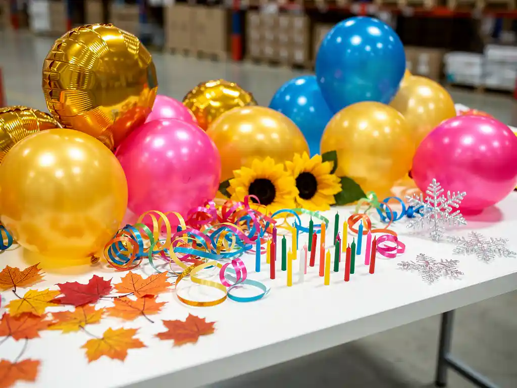 Een tafel met feestartikelen voor een verjaardagsfeestje, met ballonnen, serpentines en kaarsjes, omringd door seizoensgebonden symbolen zoals herfstbladeren, zonnebloemen en sneeuwvlokken.