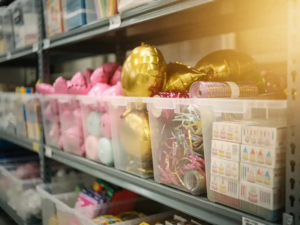 Beschriftete Aufbewahrungsbehälter mit übrig gebliebenen Geburtstagsartikeln, darunter Metallic-Luftballons, Bänder, Luftschlangen und Kerzenboxen, auf einem Lagerregal.