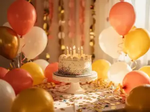 Une table d'anniversaire festive décorée de Ballons latex corail et jaunes, d'un gâteau à étages avec des bougies allumées, de guirlandes en papier et de confettis, le tout baigné d'une lumière dorée et chaleureuse.