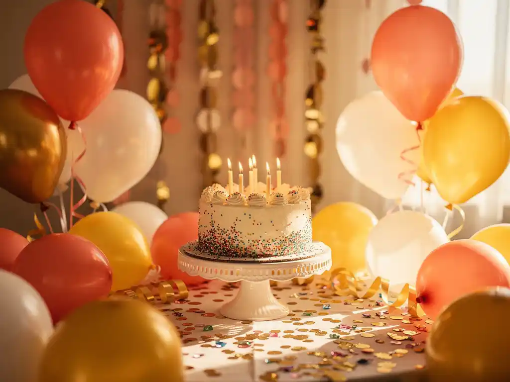 Festive birthday table with coral and yellow latex balloons, tiered cake with lit candles, paper garlands, and confetti in warm golden light.
