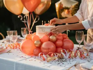 Un organisateur d'événements prépare une décoration de table d'anniversaire avec Or corail et Or , des boucles de ruban, des confettis et un gâteau à plusieurs étages éclairé par des bougies, le tout sur une nappe en lin blanc.