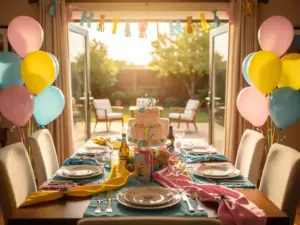Une table d'anniversaire haute en couleur, agrémentée de Ballons latex, d'une guirlande festive et d'un gâteau décoré, donnant sur une terrasse ensoleillée par des portes vitrées.