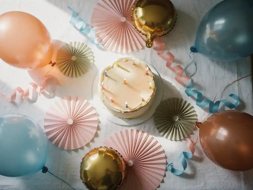 Eine Tischdekoration für eine Geburtstagsparty in Pastellrosa, Gold und Himmelblau mit Luftballons, Deko-Fächer, Luftschlangen und einer Torte mit Kerzen auf weißem Leinentischdecken.
