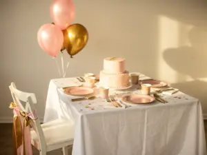 Une décoration de table Or dans les tons rose pastel et Or , avec un gâteau à étages, Assiettes en papier assorties, des confettis et des ballons, le tout baigné dans la lumière chaude de l'heure dorée.