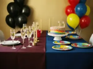 Une table d'anniversaire alliant l'élégance adulte, avec ses flûtes à champagne et Or , Assiettes colorées à motifs de dessins animés pour enfants Assiettes au gâteau parsemé de paillettes arc-en-ciel.