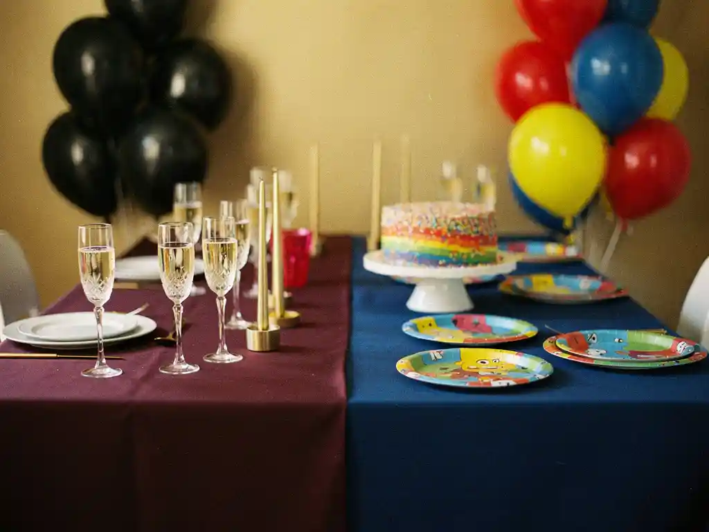Der Geburtstagstisch war zweigeteilt: auf der einen Seite elegante Champagnergläser und goldene Kerzen für die Erwachsenen, auf der anderen Seite bunte Cartoon-Teller für die Kinder und ein Regenbogen-Streuselkuchen.