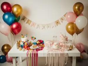 Pastelroze, gouden en ivoorkleurige ballonnen en serpentines als verjaardags- en bruiloftsversiering op een witte tafel.