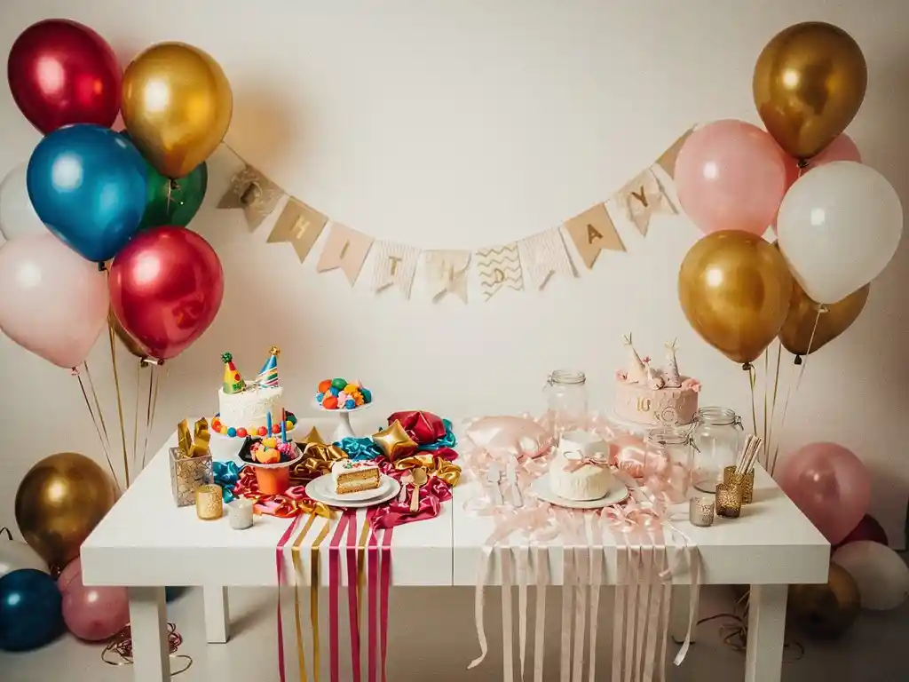 Pastel pink, gold, and ivory balloons and streamers styled as birthday and wedding decorations on a white table.